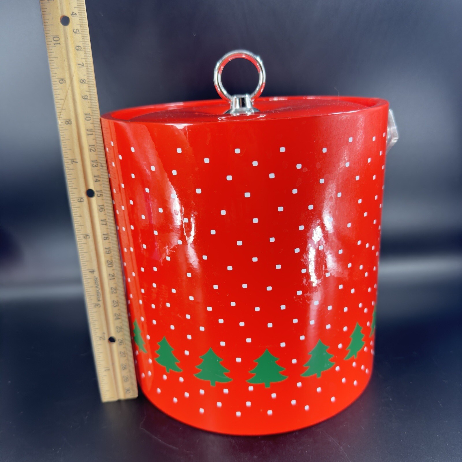1980s Libbey Winterland Retro Bright Red Holiday Ice Bucket Vintage W Lid Decor