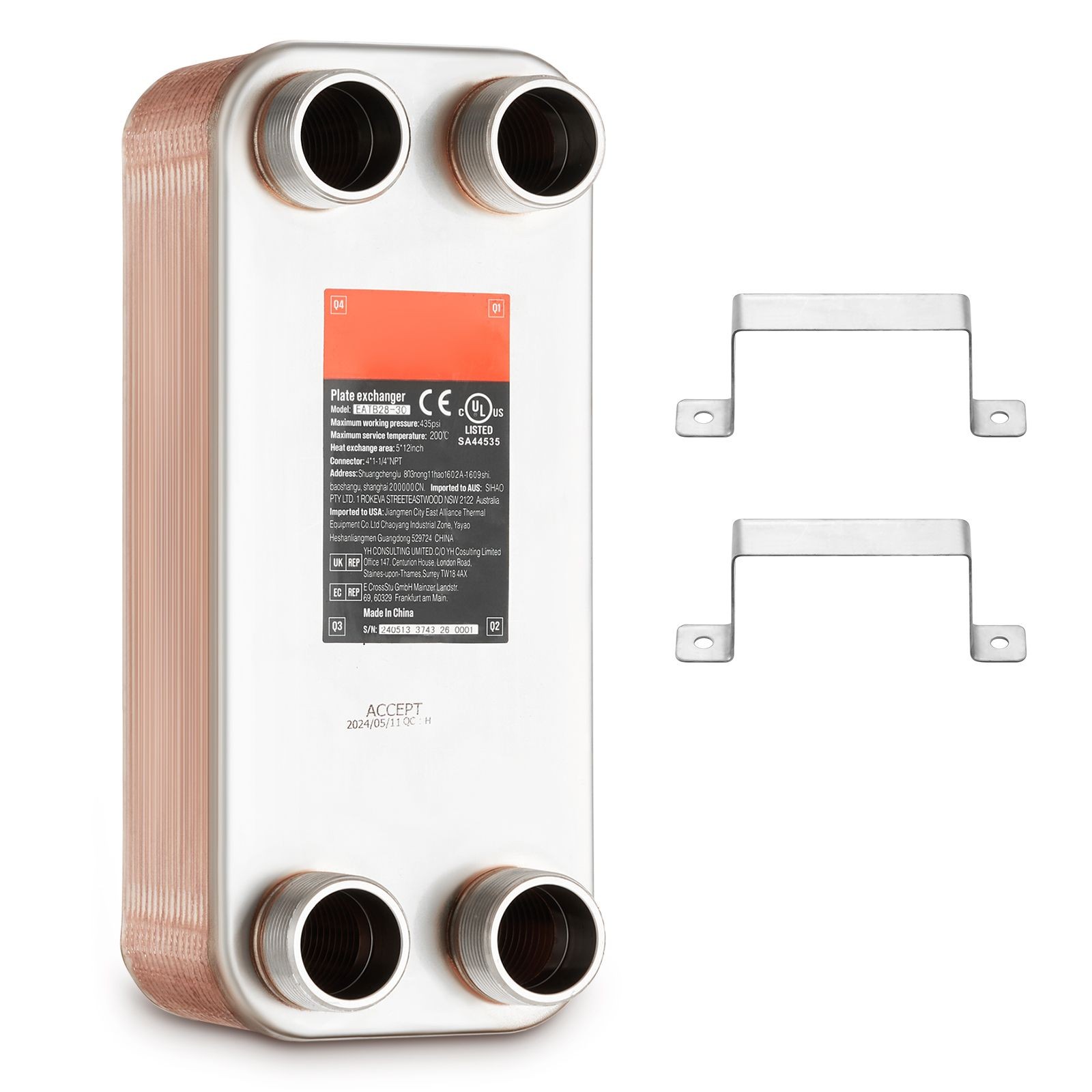 30-Plate Copper/Brazed Heat Exchanger 5x12in for Water Heating & Cooling