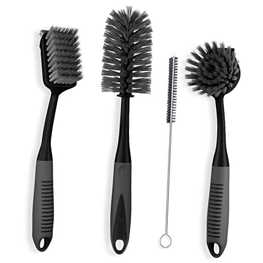 Dish Brush Set of 4 - Kitchen Scrub Brushes with Non-Slip Long Black, Set of 4