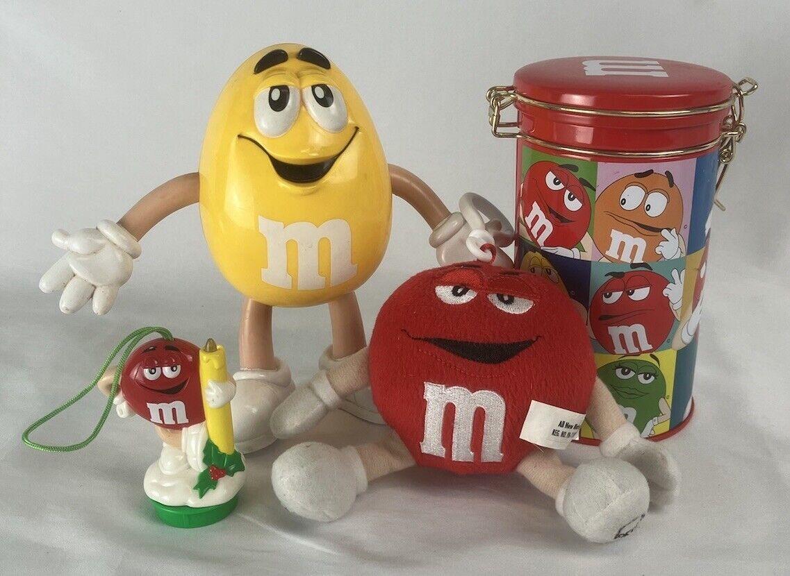 M&M Candy Lot Yellow Figure Red Tin Canister w/ Lid Red Plush Speaker Red Mini