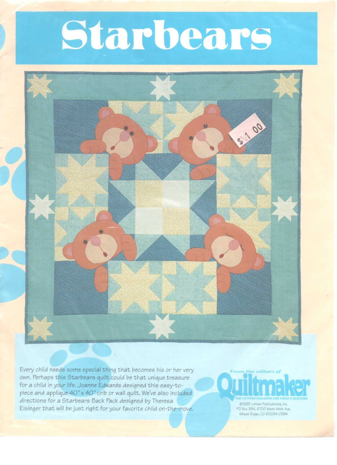 Quiltmaker Starbears 1984 Quilt, Back Pack patterns Joanne Edwards T Eisinger