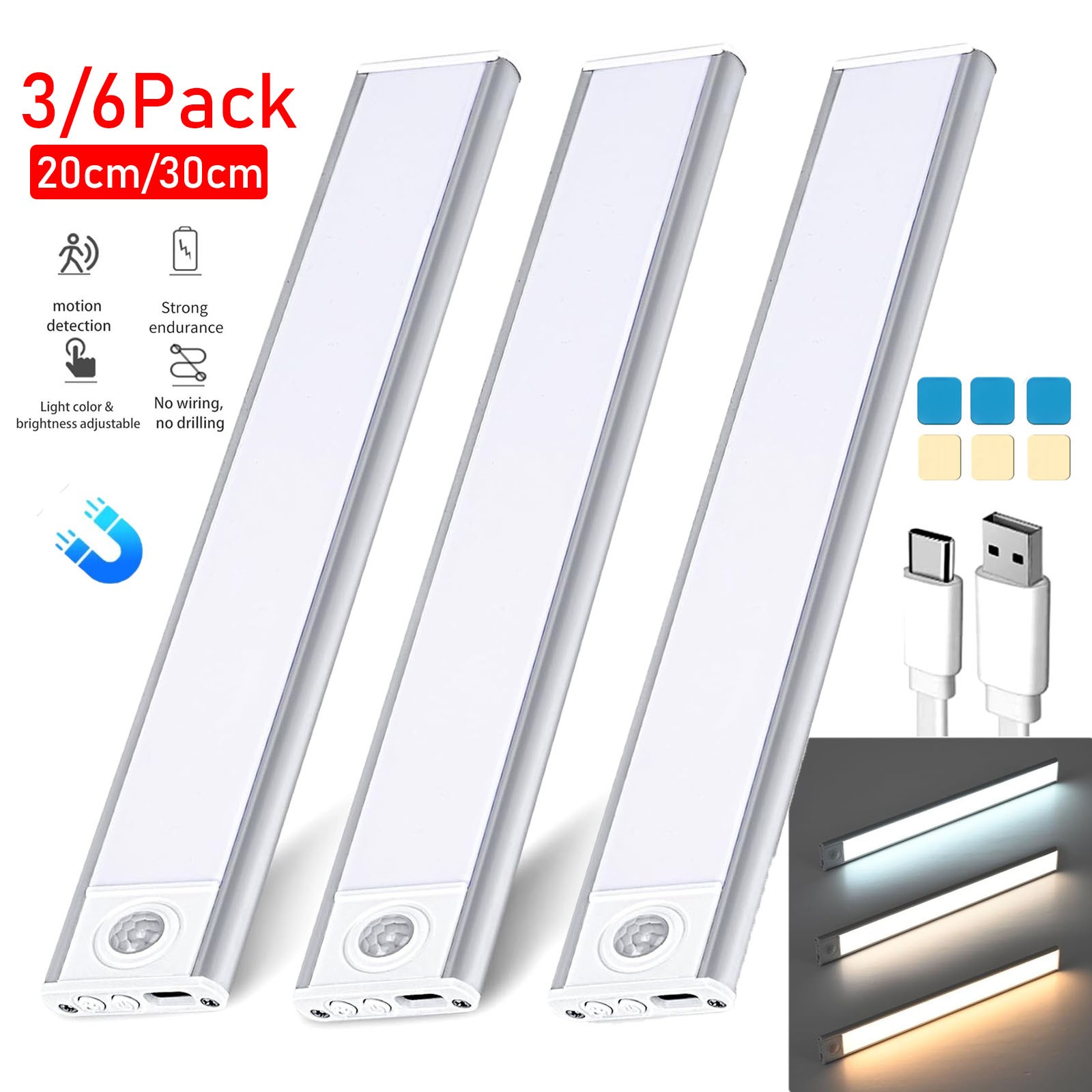 20/30cm LED Under Cabinet Lights Rechargeable Motion Sensor 3 Color Dimmable