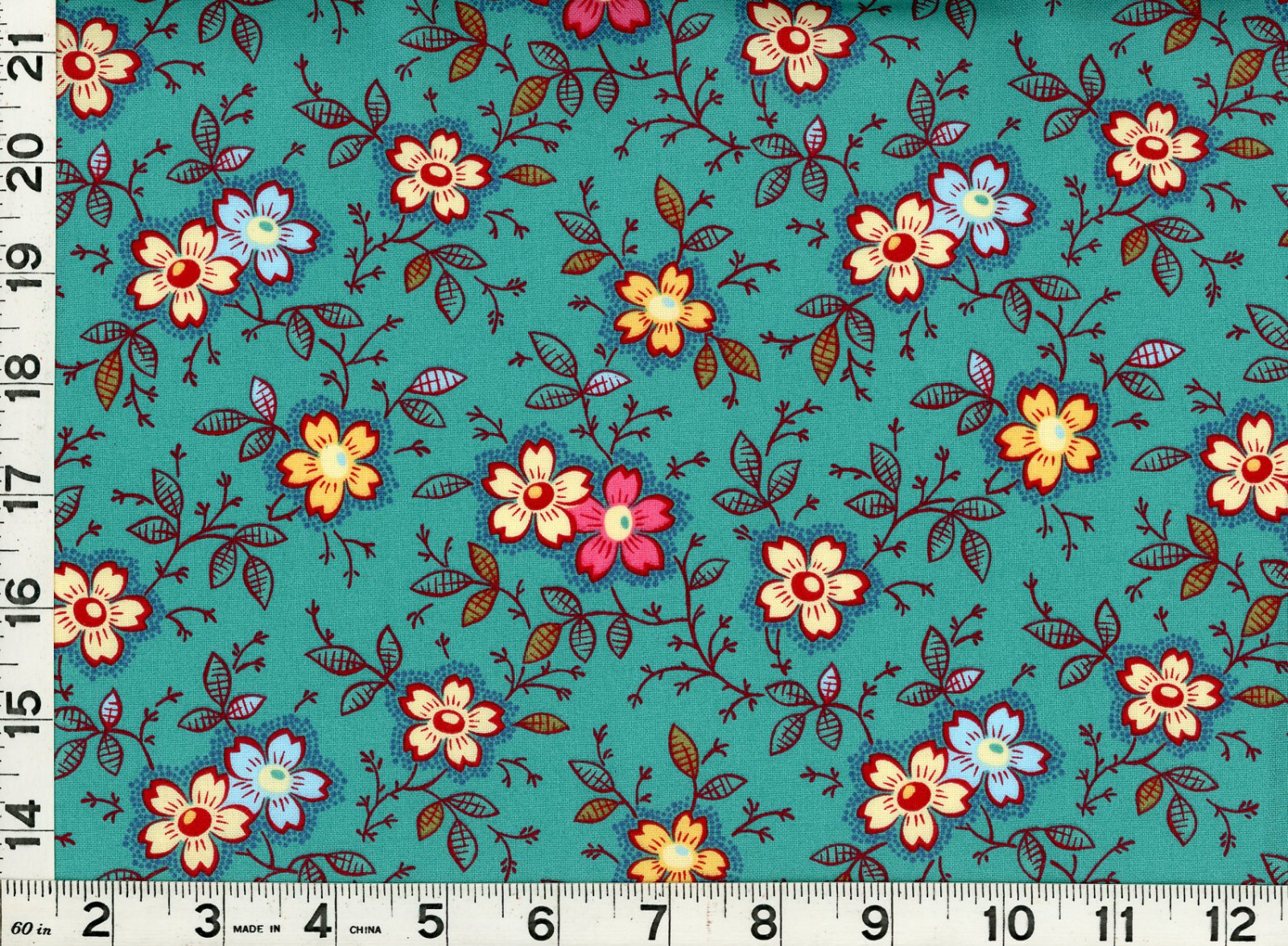 Red Blue Yellow Flowers Leafy Vines on Teal Quilting Sewing Fabric by Yard  #528