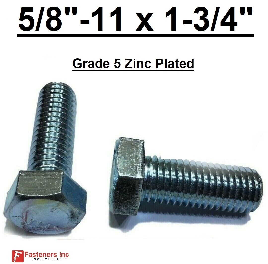 5/8-11 x 1-3/4" (FT) Hex Bolt Zinc Plated Grade 5 Cap Screw Coarse Thread