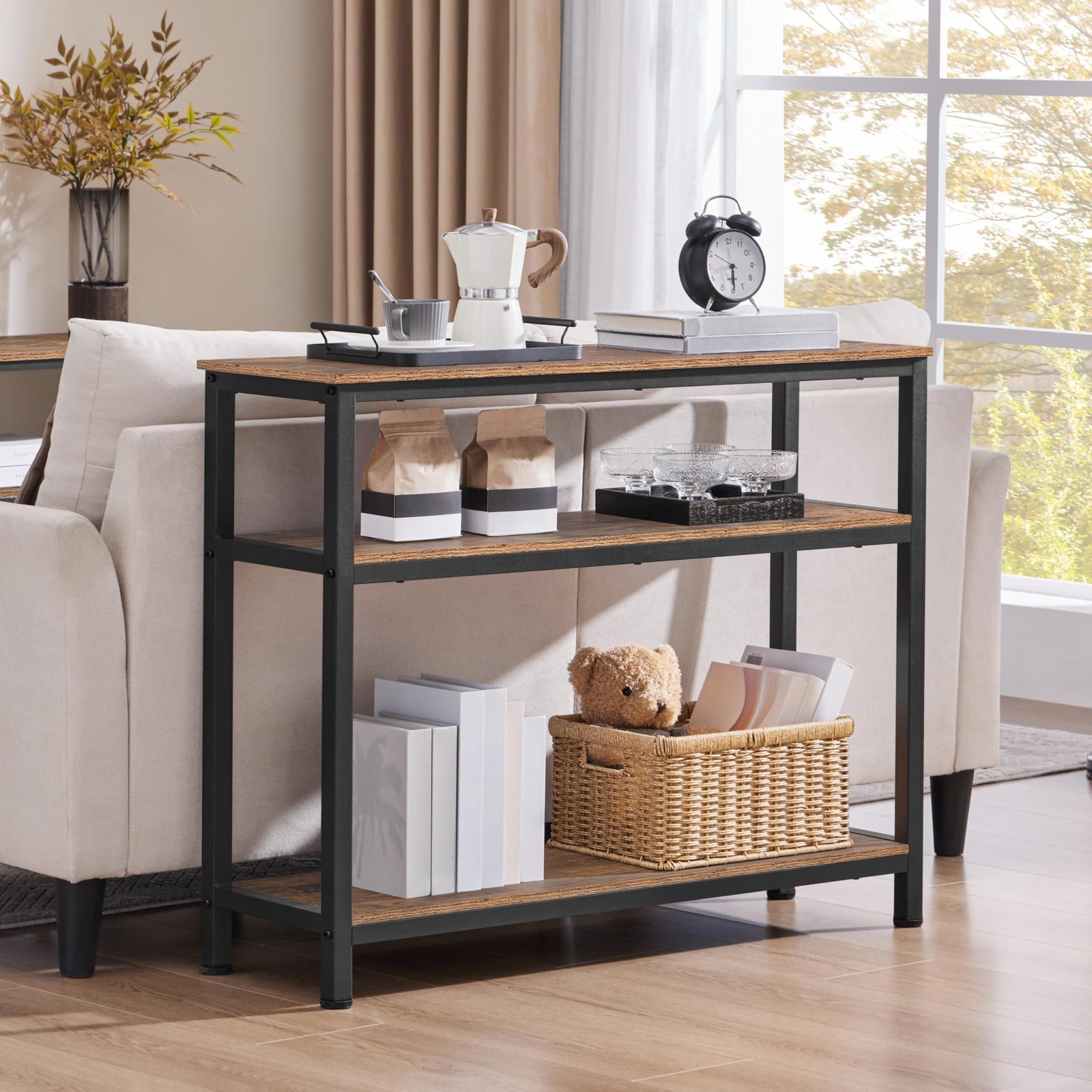 Industrial Console Table with 3-Tier Storage, Multifunction Vintage Sofa Table