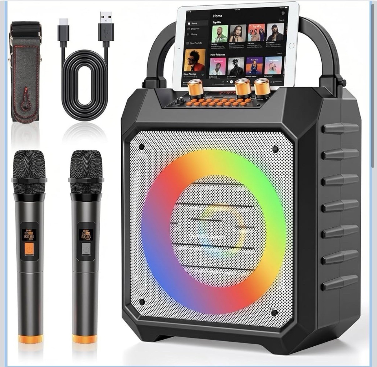 Portable Karaoke Machine Powerful Coaxial with 2 Wireless Mics BT/TF/USB/AUX/FM