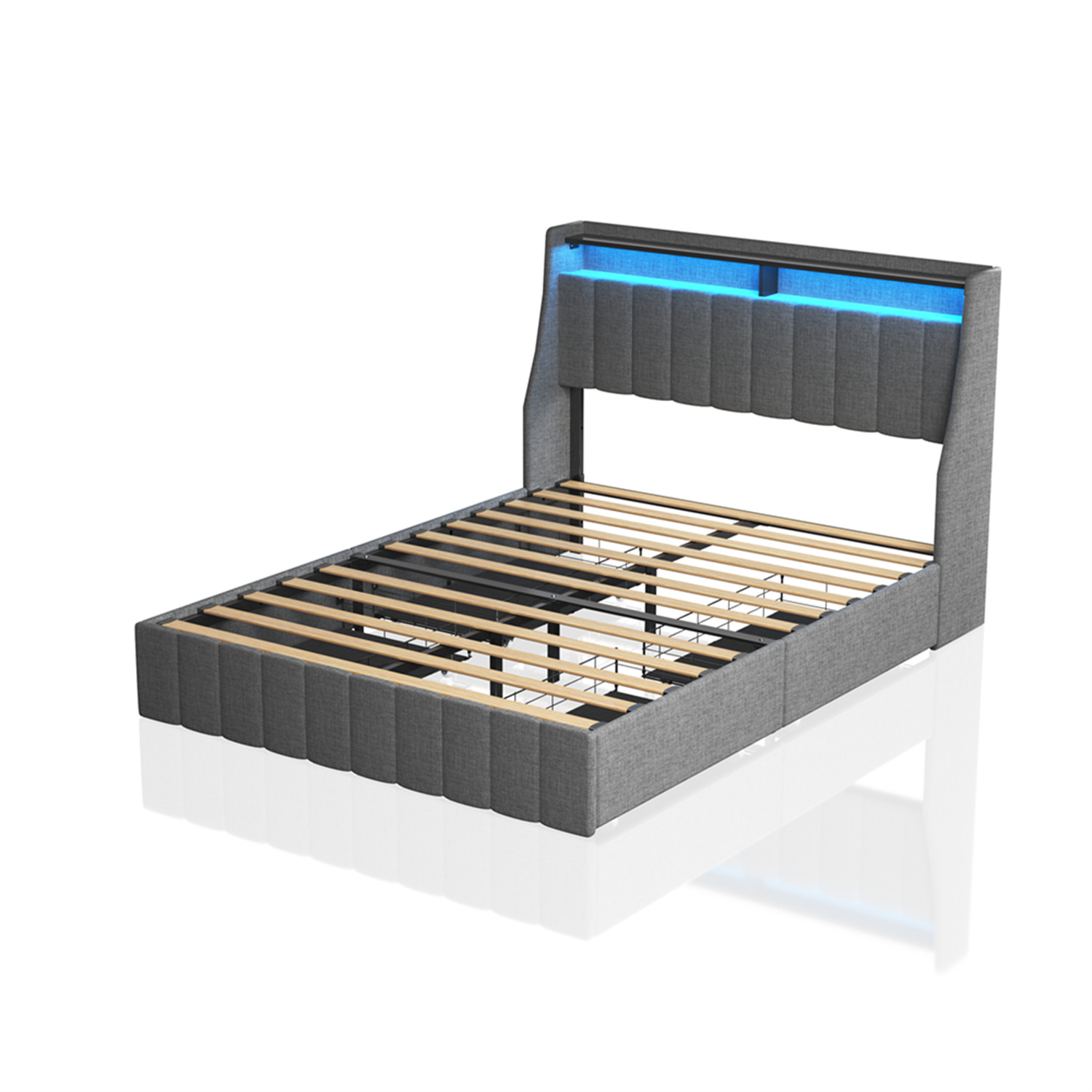 Queen Size Bed Frame Upholstered Platform Bed w/ LED Lights Headboard & 4 Drawer