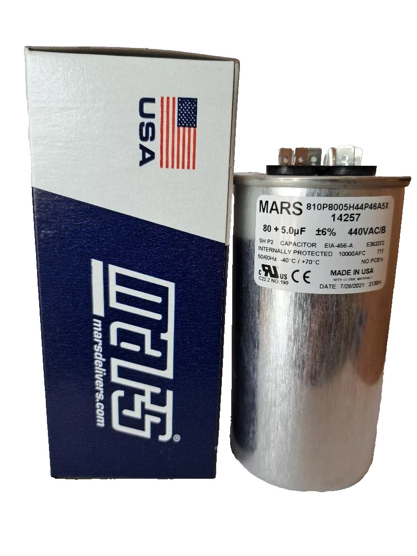 Mars Round Motor Run Capacitor 80/5 MFD 440/370 VAC Aluminum 14257, USA , NEW