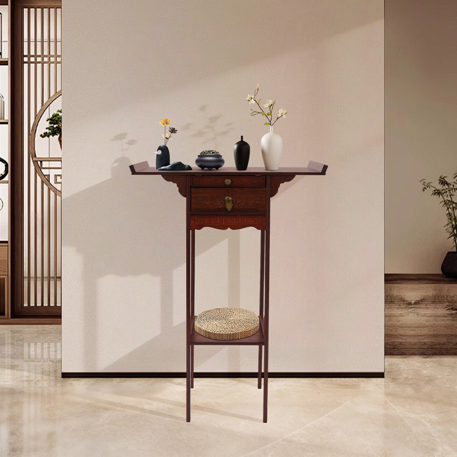 Meditation Altar Table With Pull-out Storage Board And Exquisite Carving
