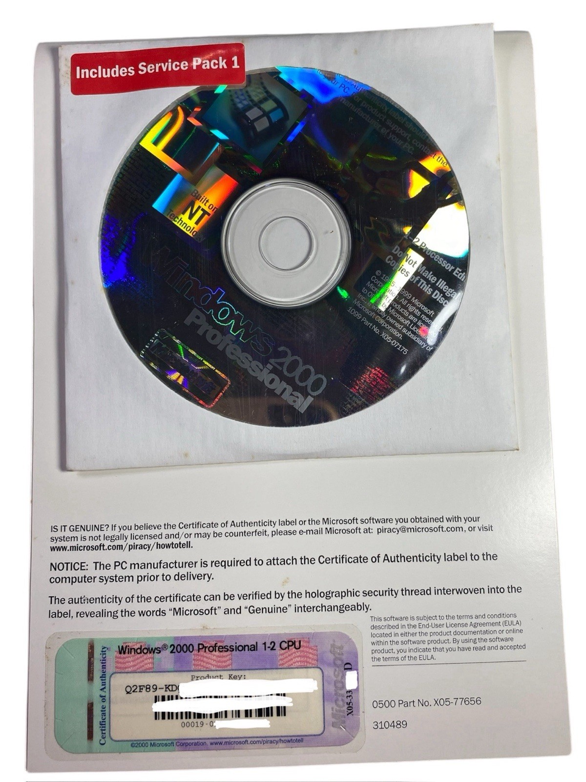 Microsoft Windows 2000 Professional OEM 1-2 CPU SP1 w/ COA CD & Manuals Complete