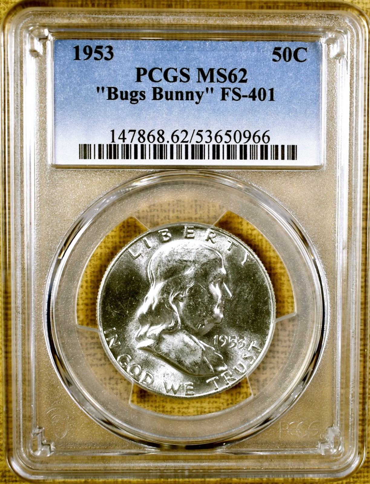 1953 PCGS MS62 FS-401 Bugs Bunny Franklin Half Dollar - 100% White (966)
