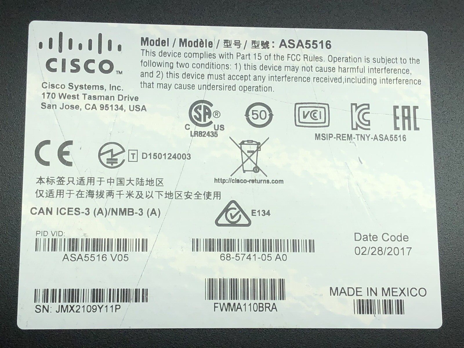 Cisco ASA 5516-X Firewall Adaptive Security Appliance W/ SSD