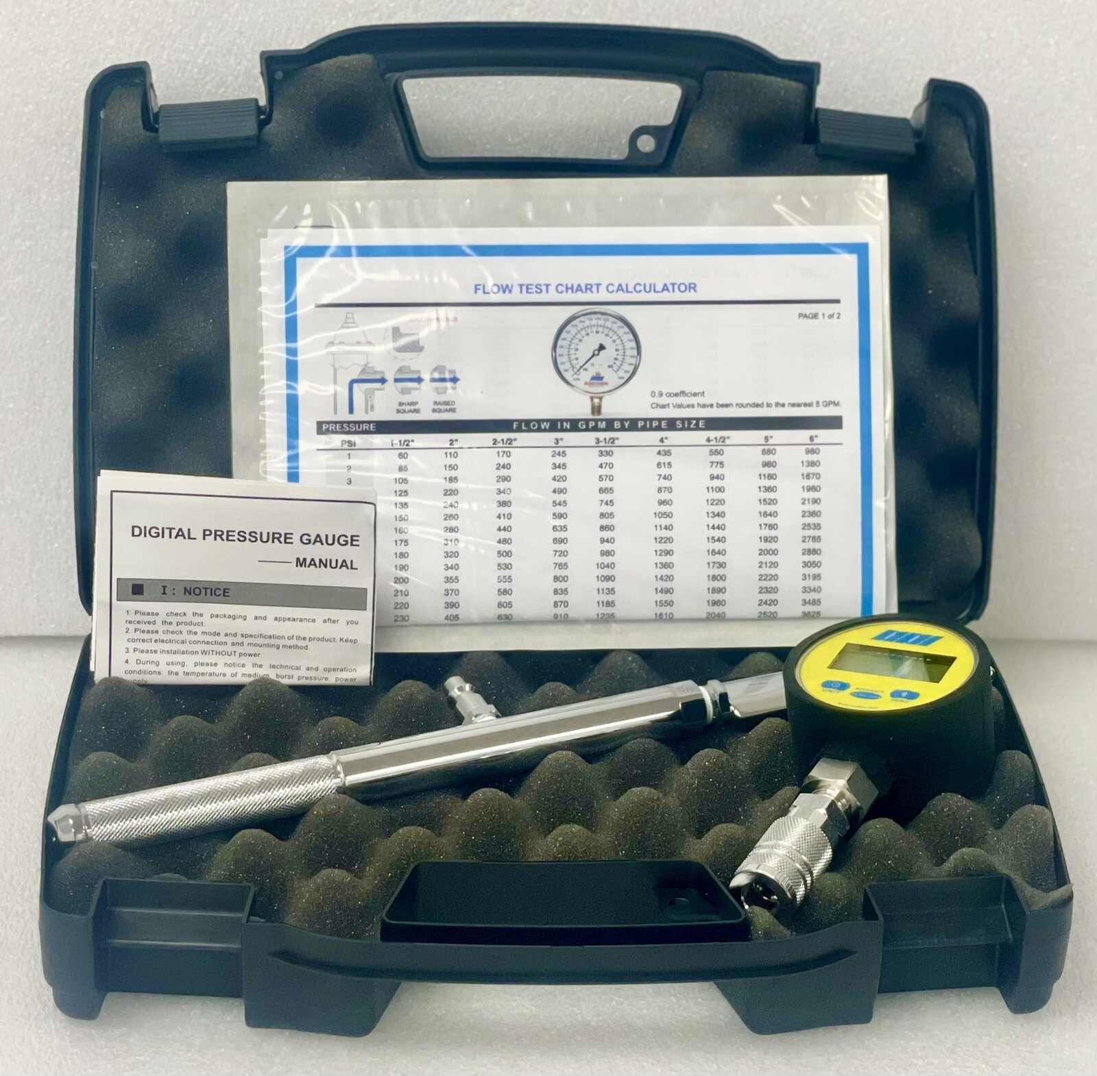 NNI Quick Connect Hydrant, Flowtest Pitot Tube Digital Gauge 0-300Psi in case