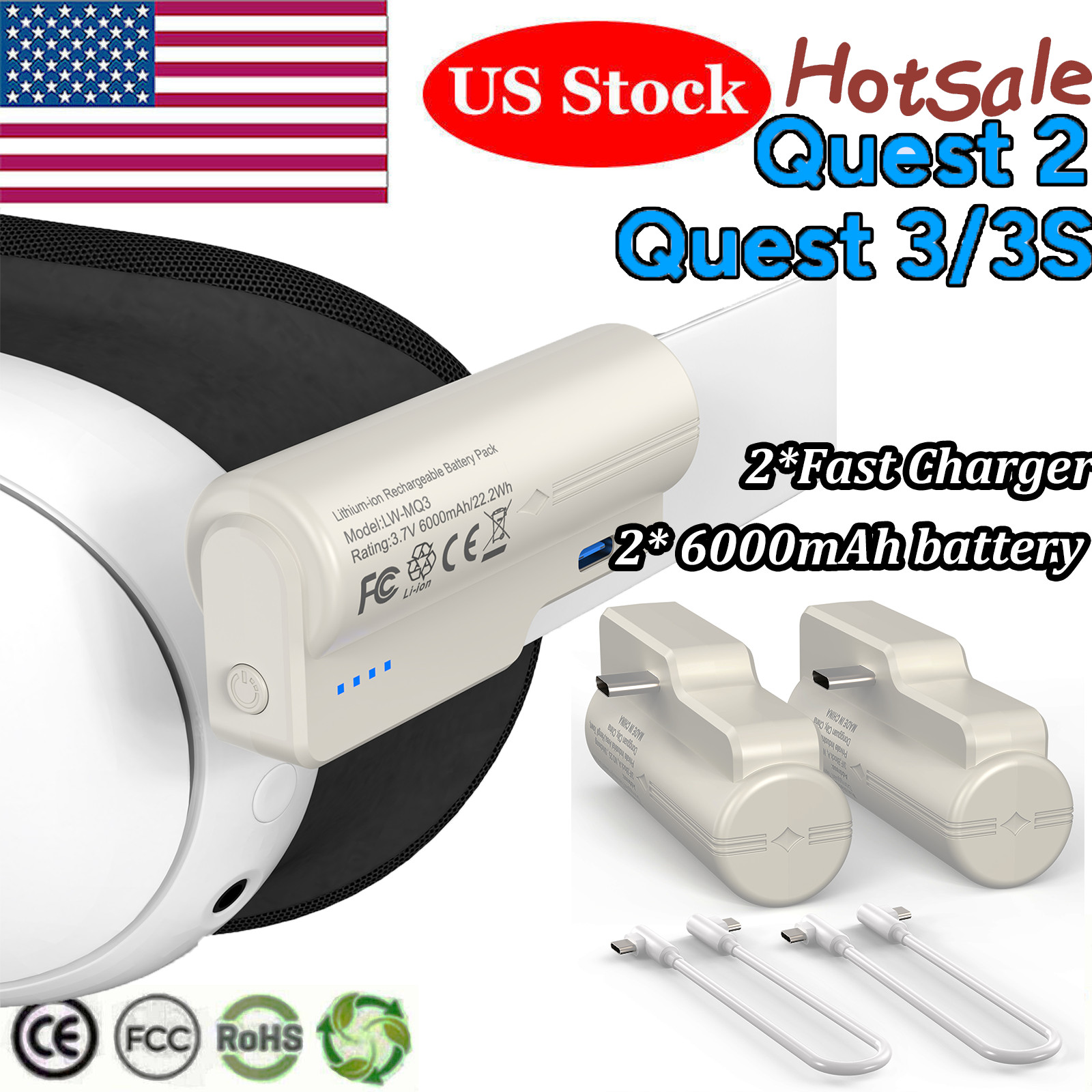 2X Battery Pack for Meta Quest 3/3S and Oculus Quest 2 W/Fast Charging 6000Mah