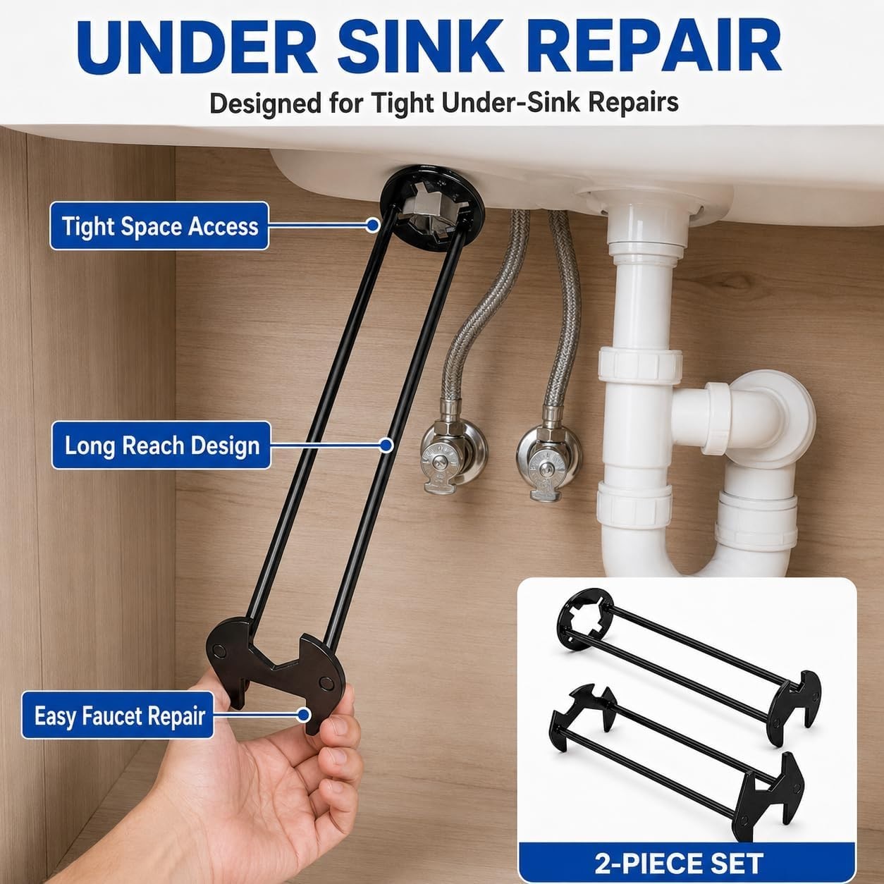 Efficient 2PCS Basin Wrench Set for Tight Spaces - Rotating Head & Metal Build