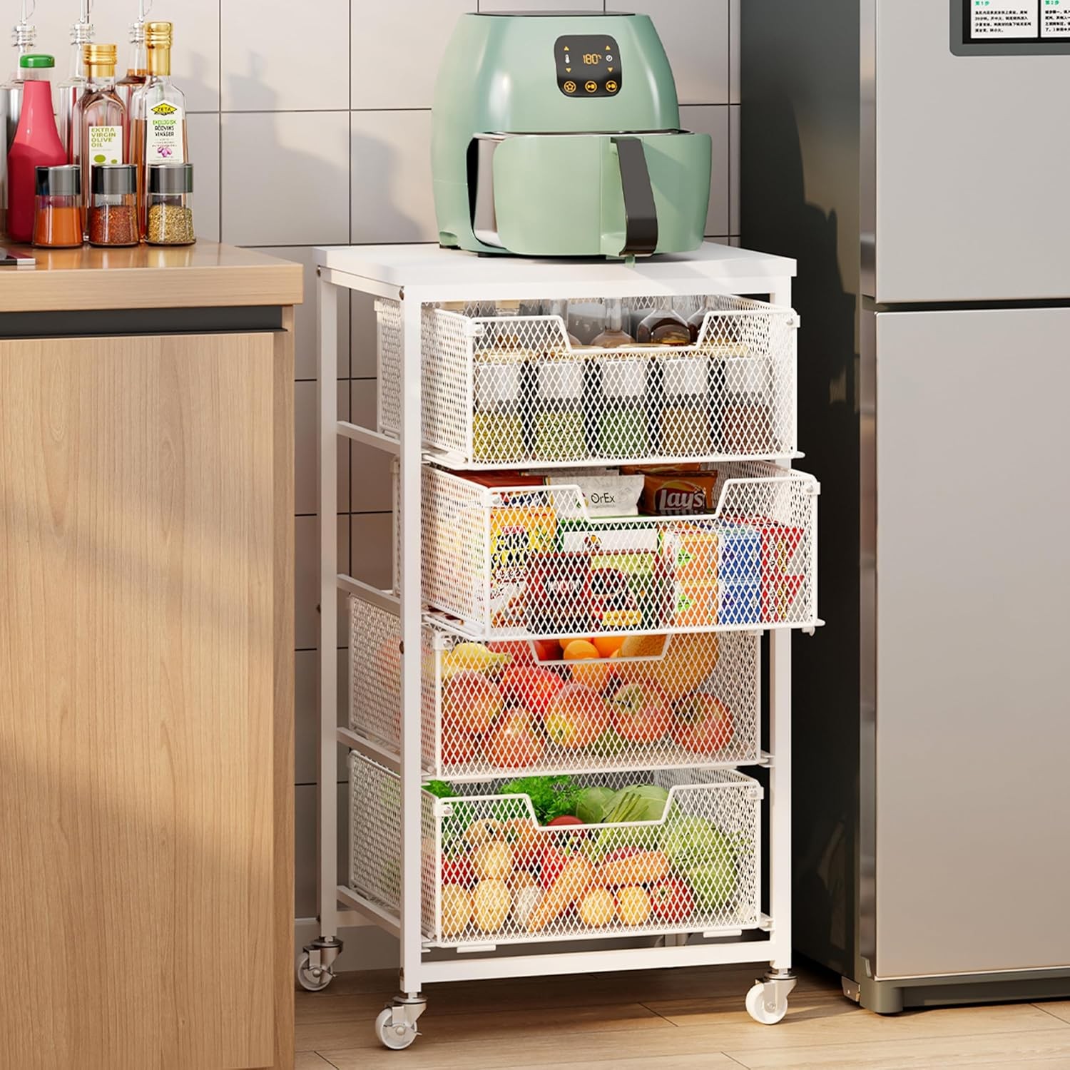 4-Tier Kitchen Storage Cart with Drawers Wooden Top Metal Frame