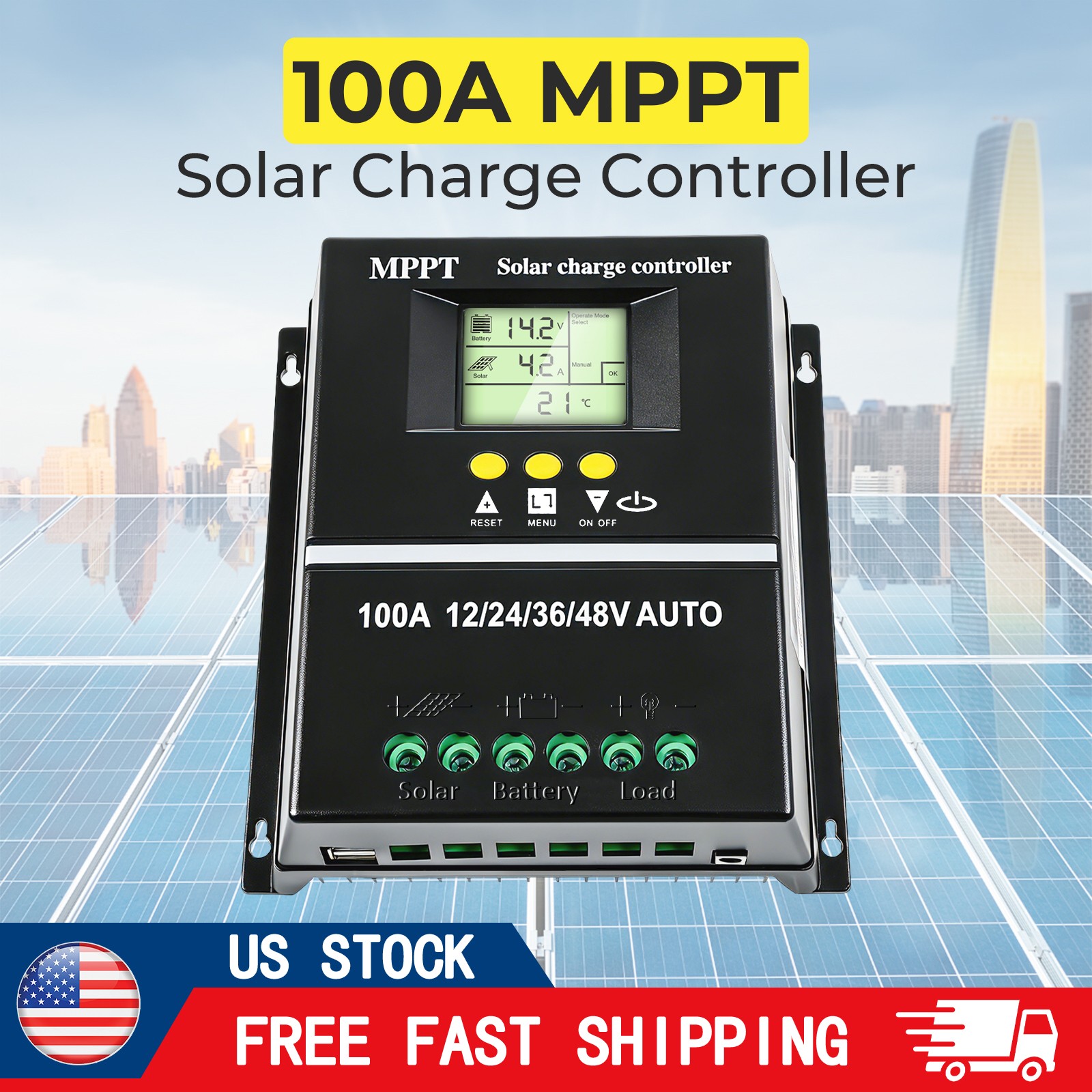 100A  MPPT Solar Charge Controller 48V/36V/24V/12V PV Regulator LCD Dual USB