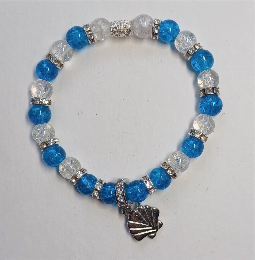 Blue And Clear Crackle Bracelet With Shell Charm
