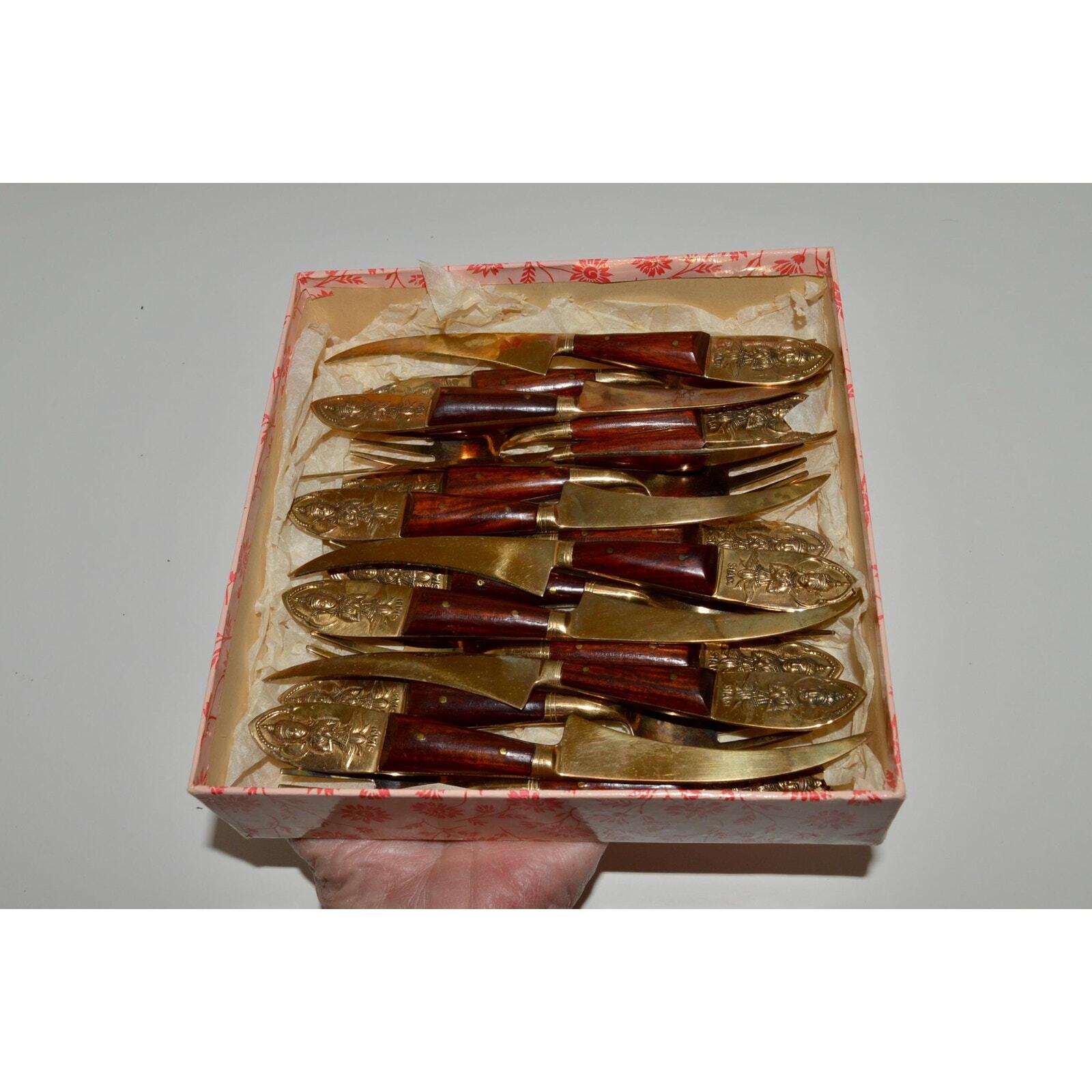 Vintage Thailand Cocktail Forks Knives Set, 16 Pieces Brass Wood Buddha Motif
