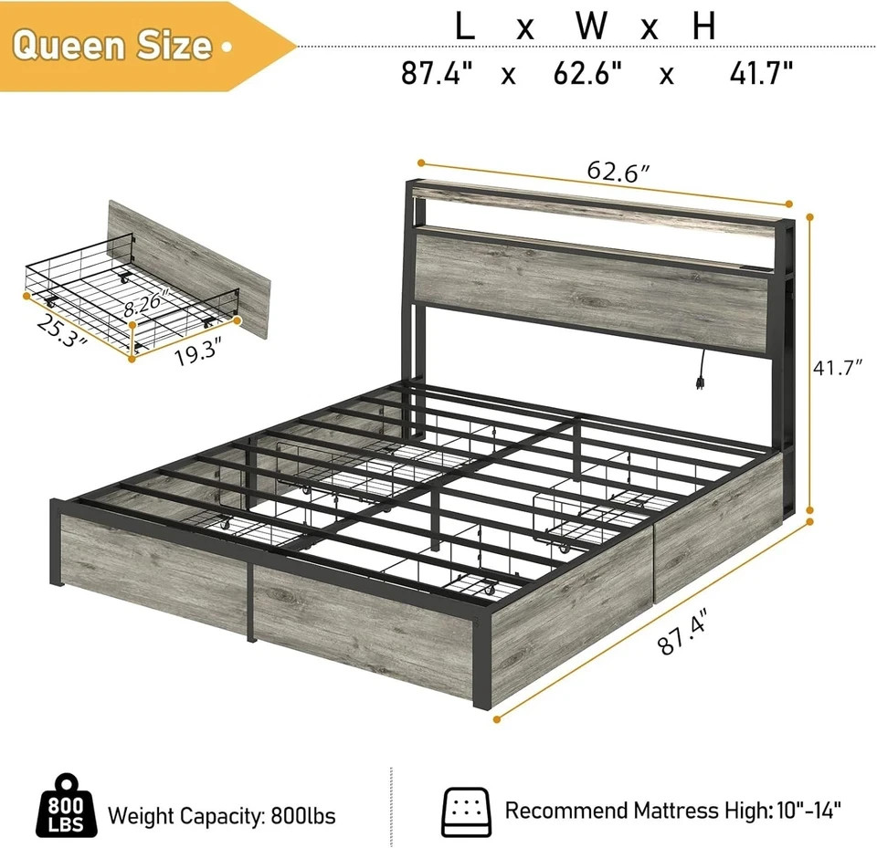 Full Queen King Bed Frame with Storage Headboard ,Charging Station & LED Lights