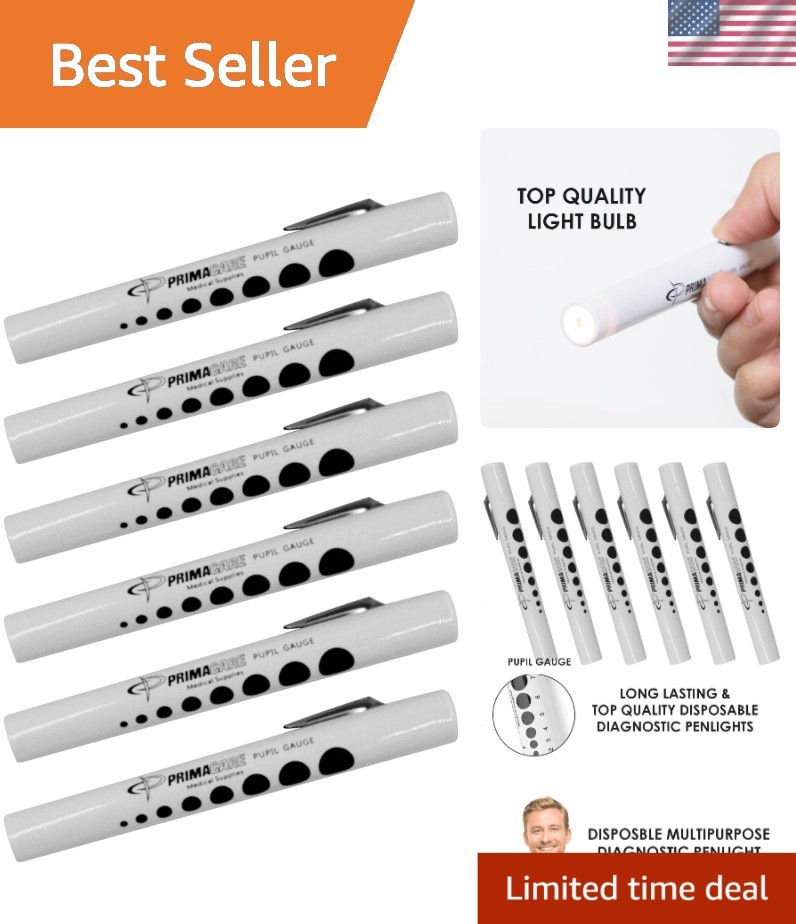 Pack of 6 Lightweight Diagnostic Penlights with Pupil Gauge - Medical Essential