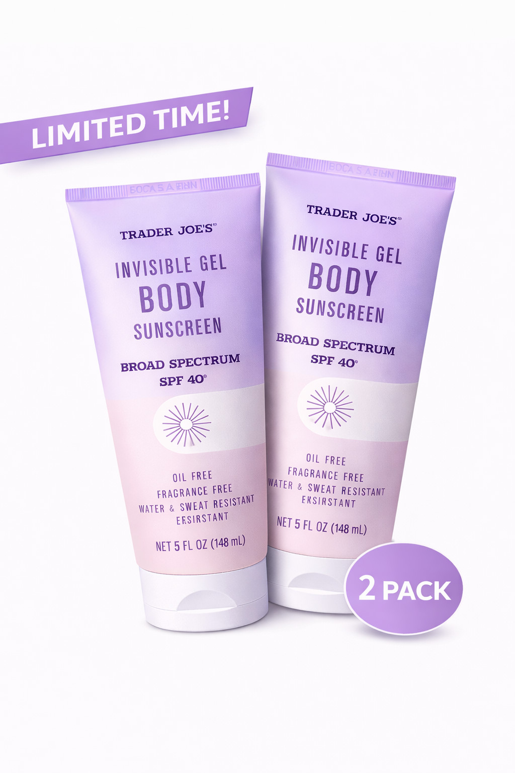 2 Pack *NEW*  Trader Joes Invisible Gel Body Sunscreen -SPF 40 Oil Free 5oz Each
