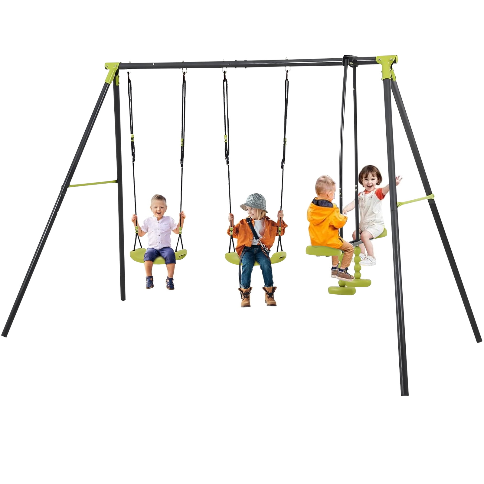 3 in 1 Outdoor Metal Swing Set w/2 Single Swings &1 Glider, Kids Playground Set