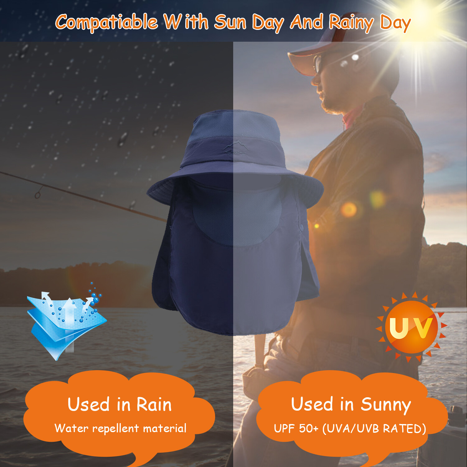Mens Wide Brim Fishing Hat Sun Protection Cap with Face Neck Flap Detachable US