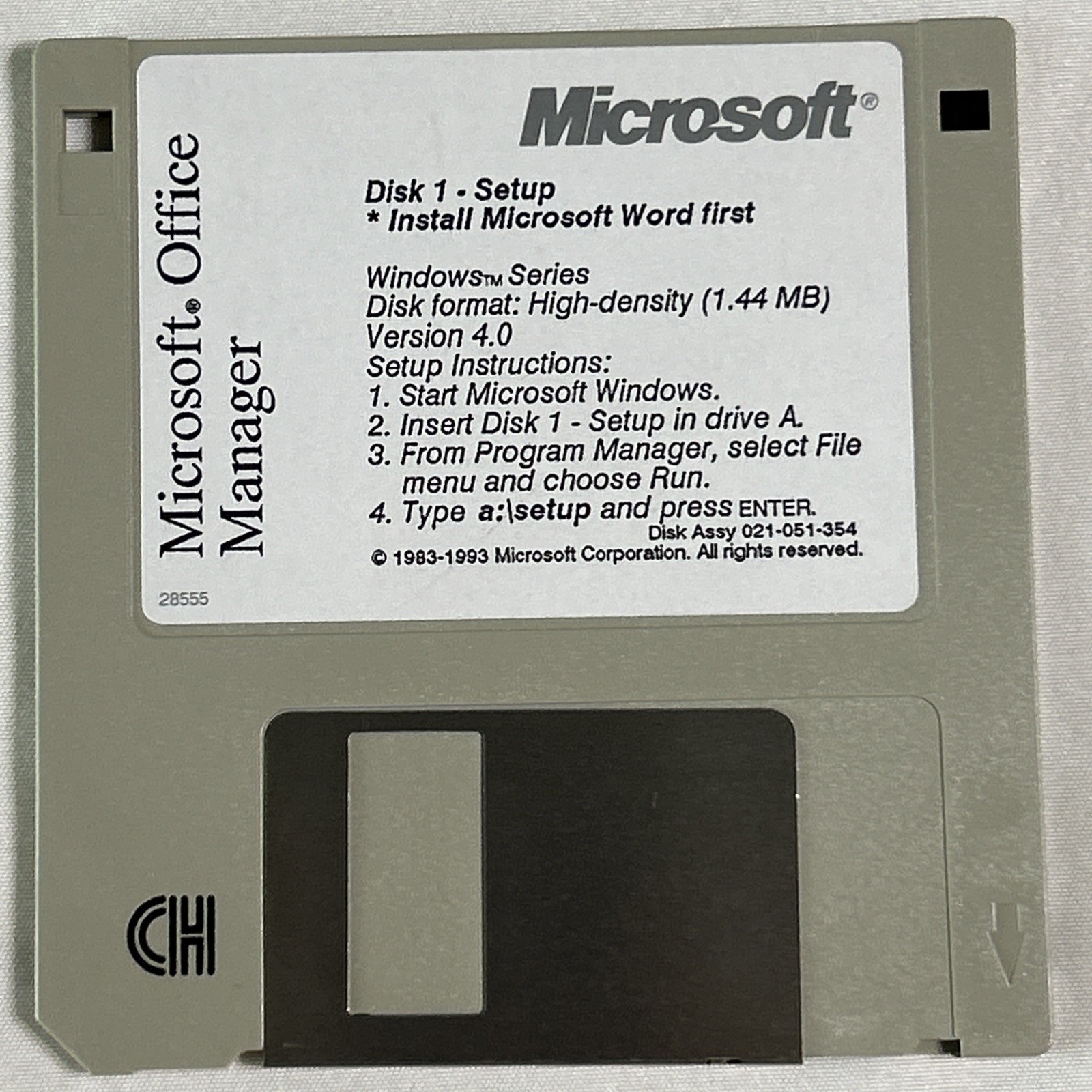 Microsoft Office Manager Disk 1 Setup – Windows Version 4.0 – 3.5" Floppy