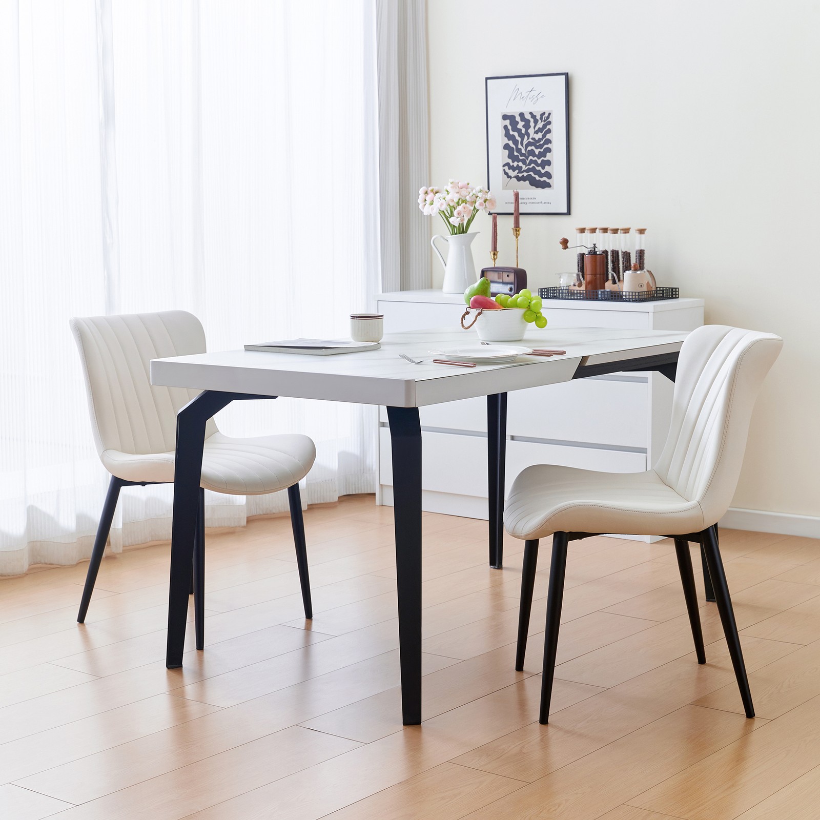 Set of 2 Cream White Dining Chairs: Faux Leather Mid-Century Modern Accent Cha