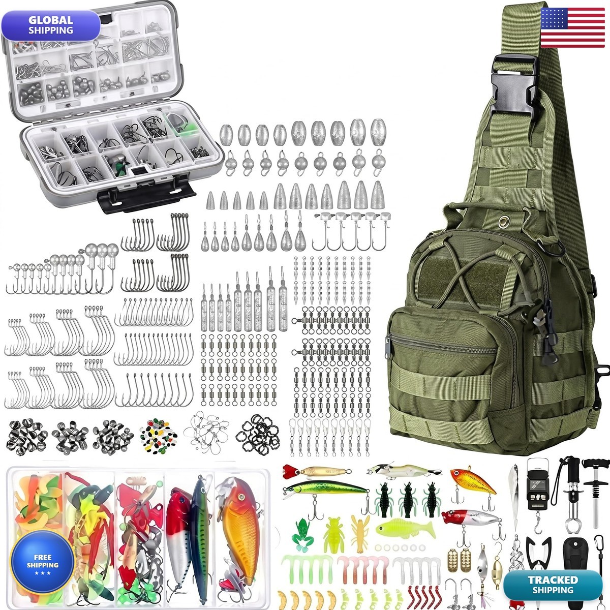 Sosation 482 Pcs Fishing Sling Tackle Bag Set with Tackle Box Military Green