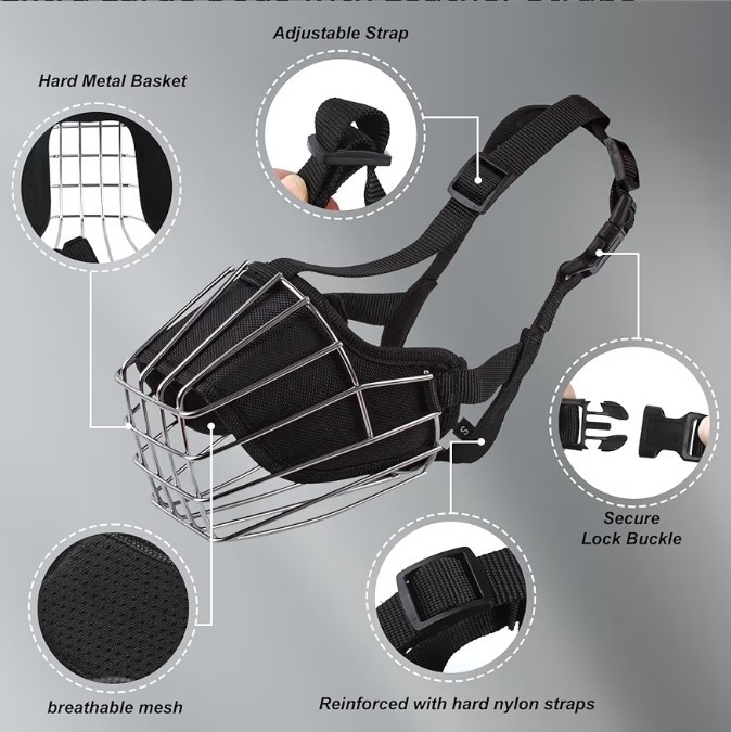 Large Dog Muzzle Stainless Steel Basket Adjustable Anti Bite Breathable