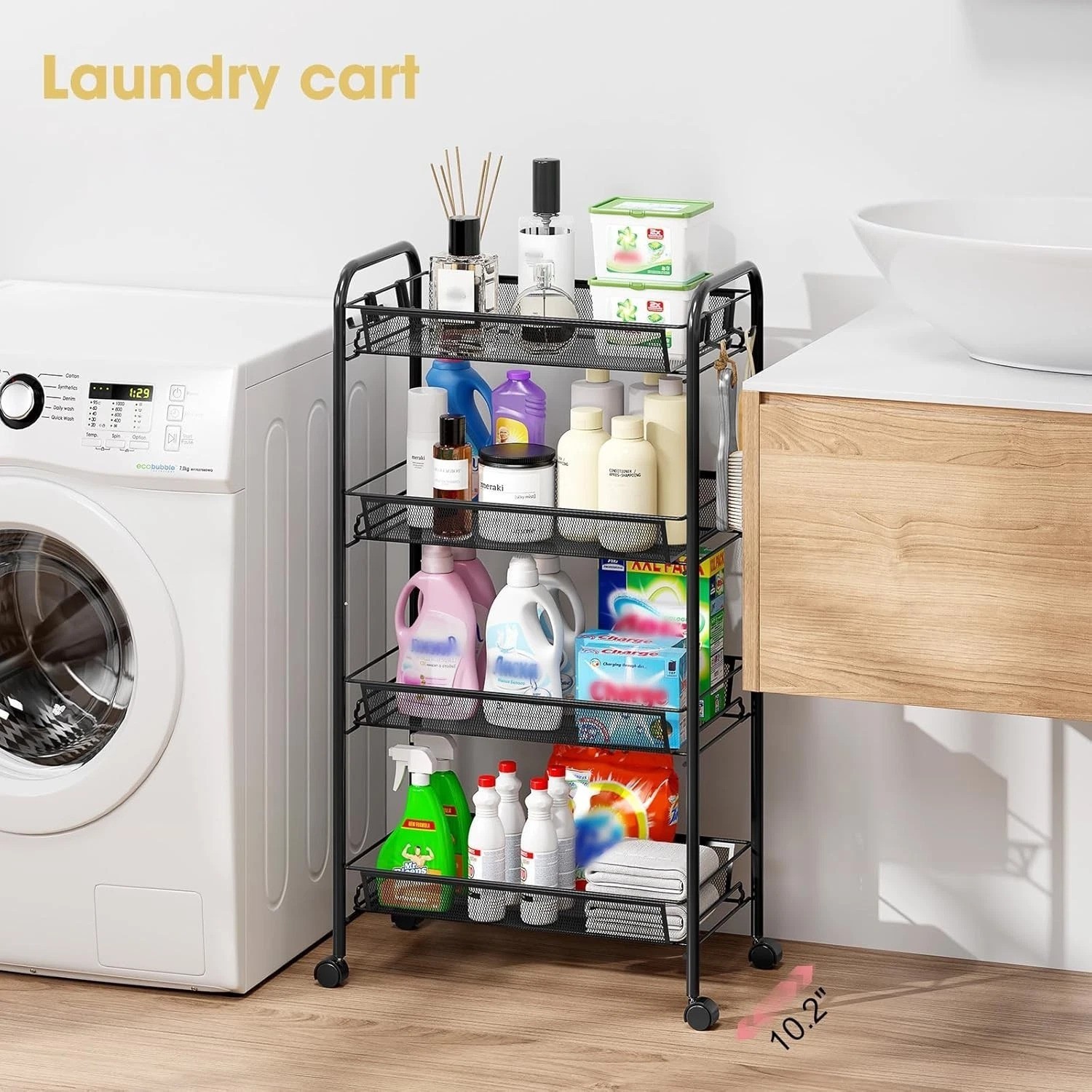 Compact 4-Tier Metal Utility Cart with 3 Hooks – Effortless Assembly & Mobility