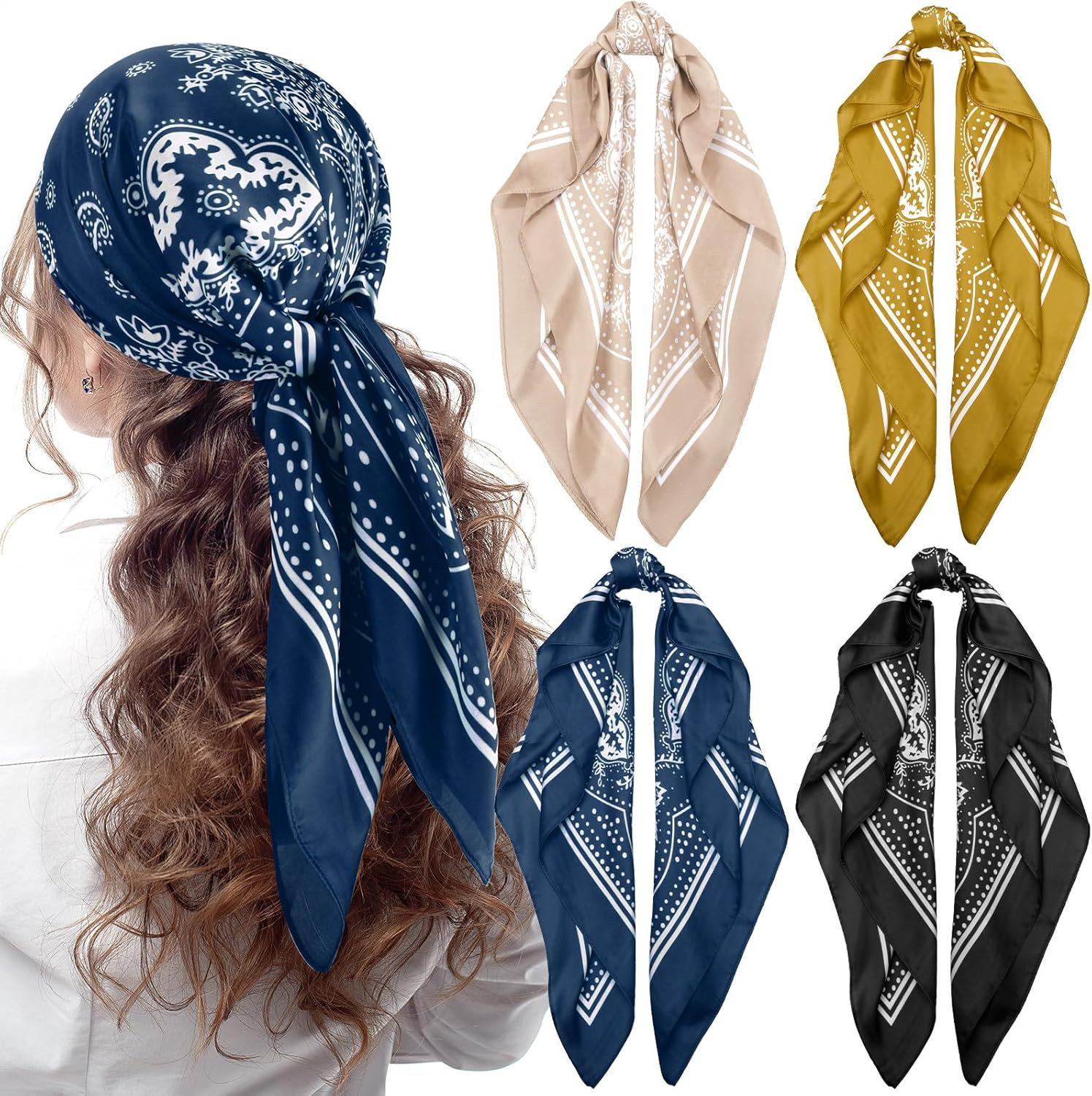 Syhood 4 Pcs 27'' Square Silk Bandana Satin Head Scarves for Women Silk like Nec