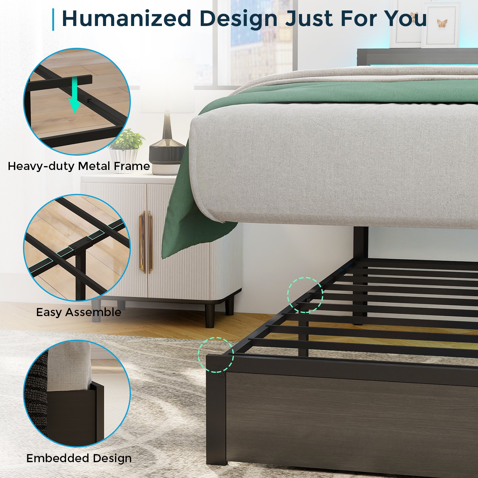 Queen Full Size Bed Frame with Storage Headboard &Charging Station＆ LED Lights