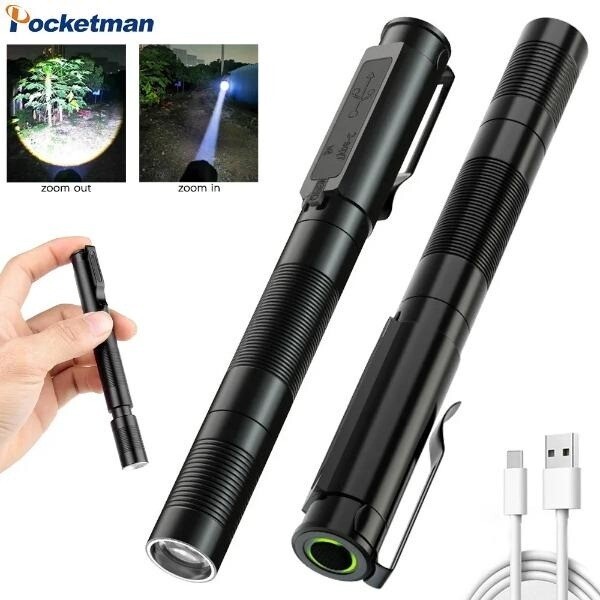 LED Flashlight USB Rechargeable Pen Light Zoom Waterproof Small Torch