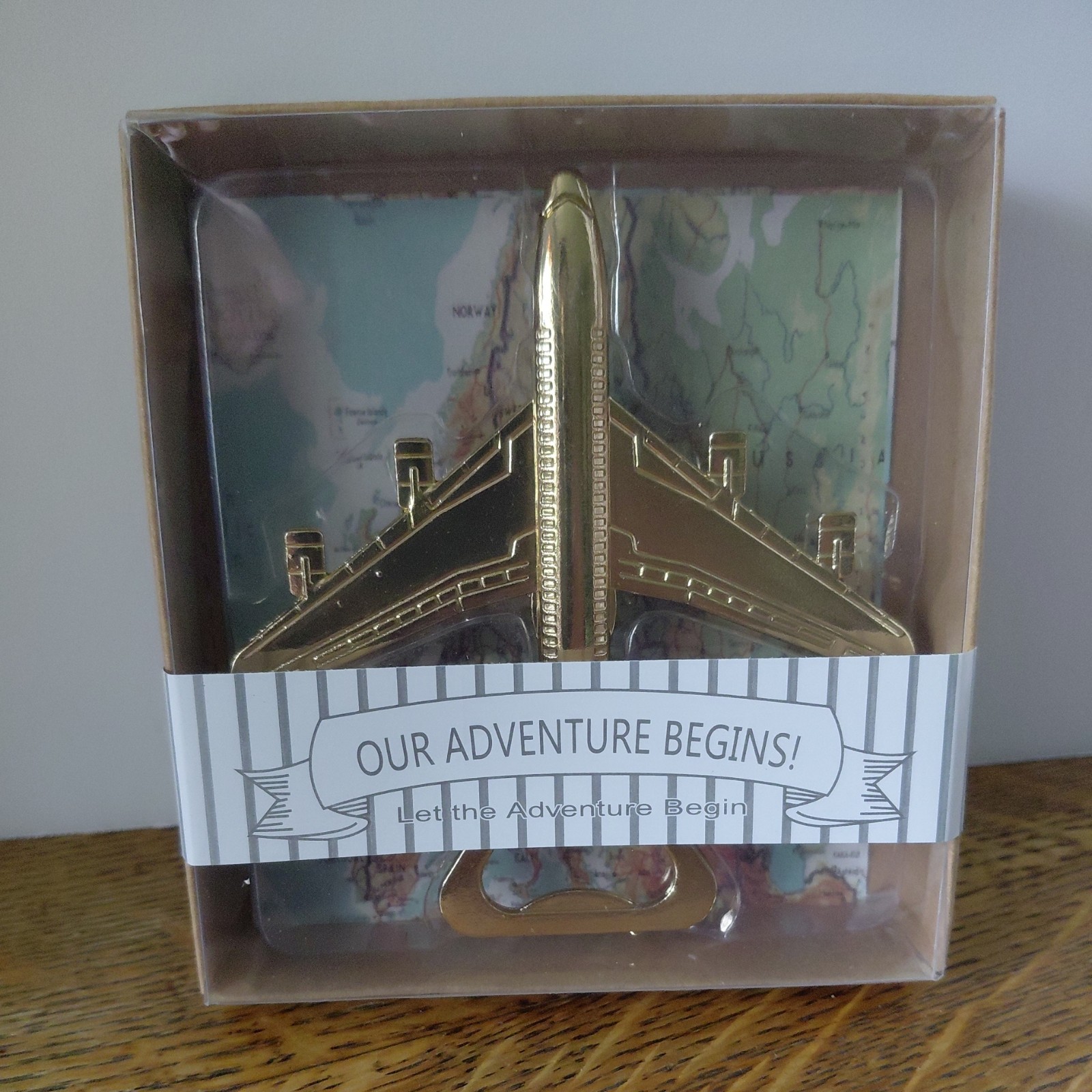 New in Box Our Adventure Begins Plane Bottle Opener Travel Themed Gift Tool Gold