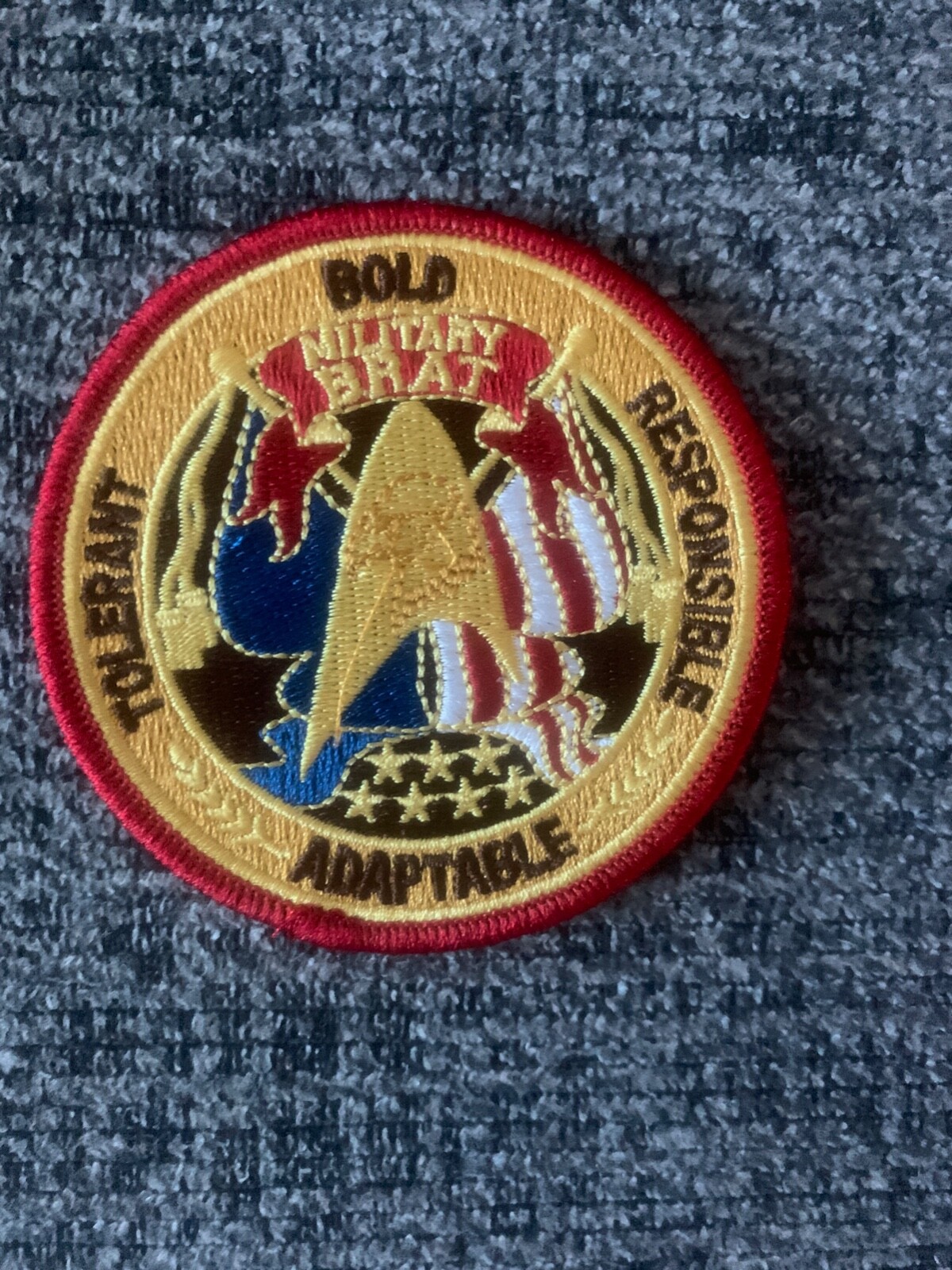 Military brat custom embroidered sew-on patch gold, red, white and blue 3" round