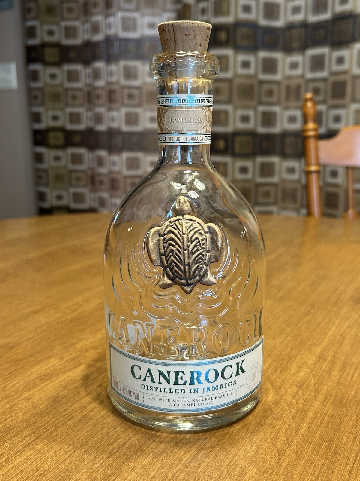 Cane Rock Jamaica Rum Empty Liquor Bottle With Wood Turtle Design And Cork