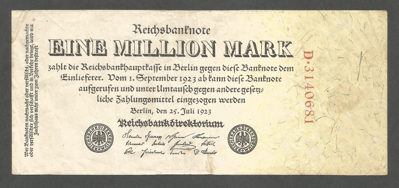 Germany 1 Million Mark 25.7.1923; VF; P-94; BNB-B250a, Printer: Reichsdruckerei