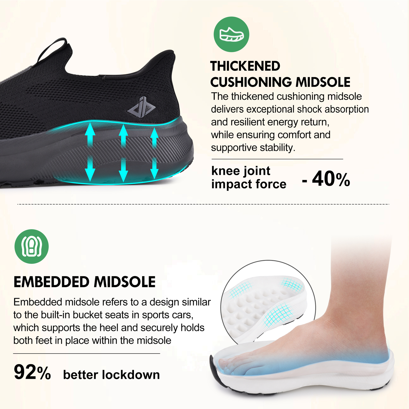 BLACK Slip on Free up Hands Shoes Wide Toe Box Arch Support Orthopedic Sneakers