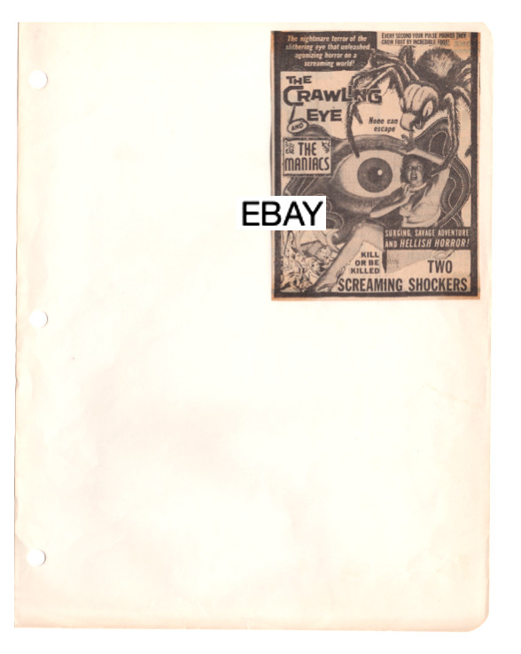 SALE: THE CRAWLING EYE & THE MANIACS 1958 ORIGINAL NEWSPAPER HORROR MOVIE AD
