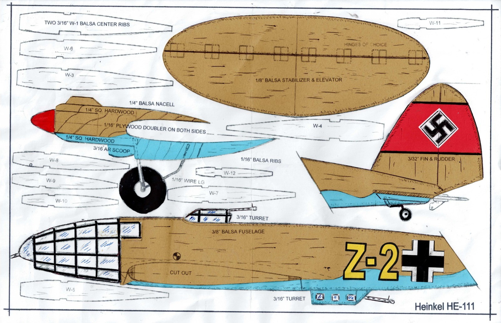 1/2 A profile WW II  German 015 Heinkel HE-111 twin bomber  U-Control plans