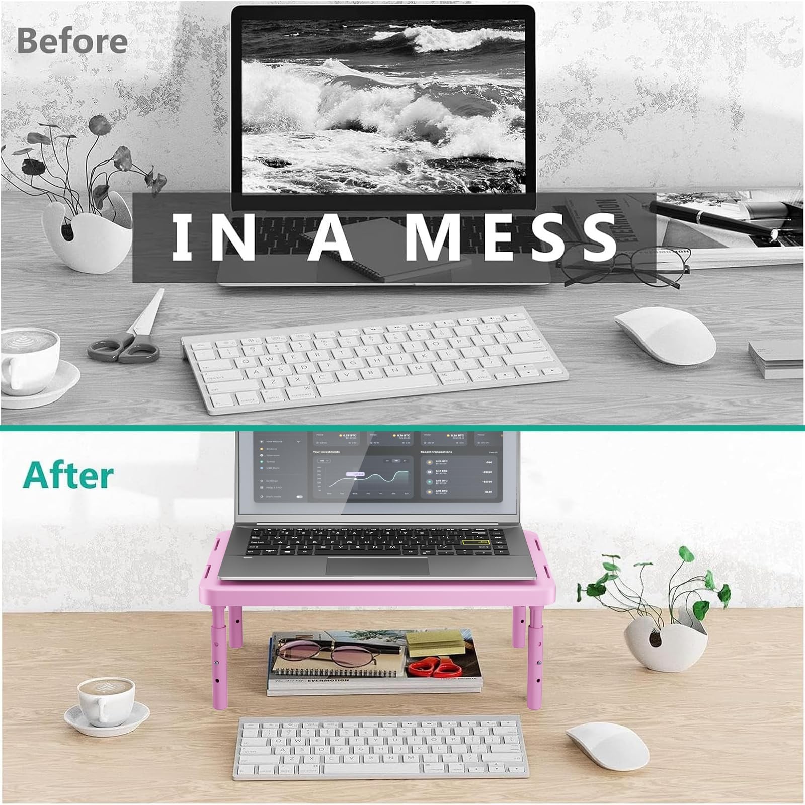 Computer Monitor Stand Adjustable Laptop Riser Desk Underneath Storage Pink