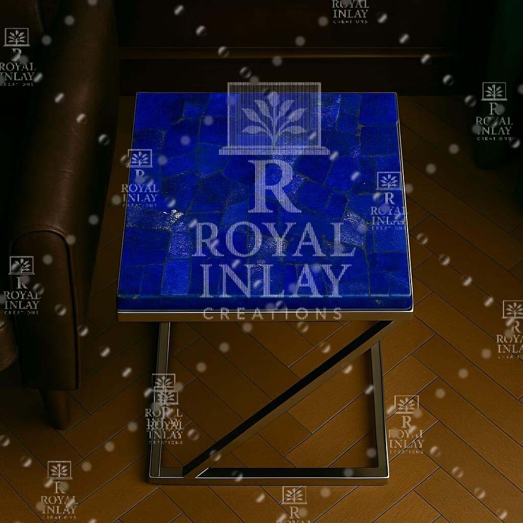 21" Lapis Lazuli Side Table | Handmade Gemstone Accent Table |Luxury Blue Table