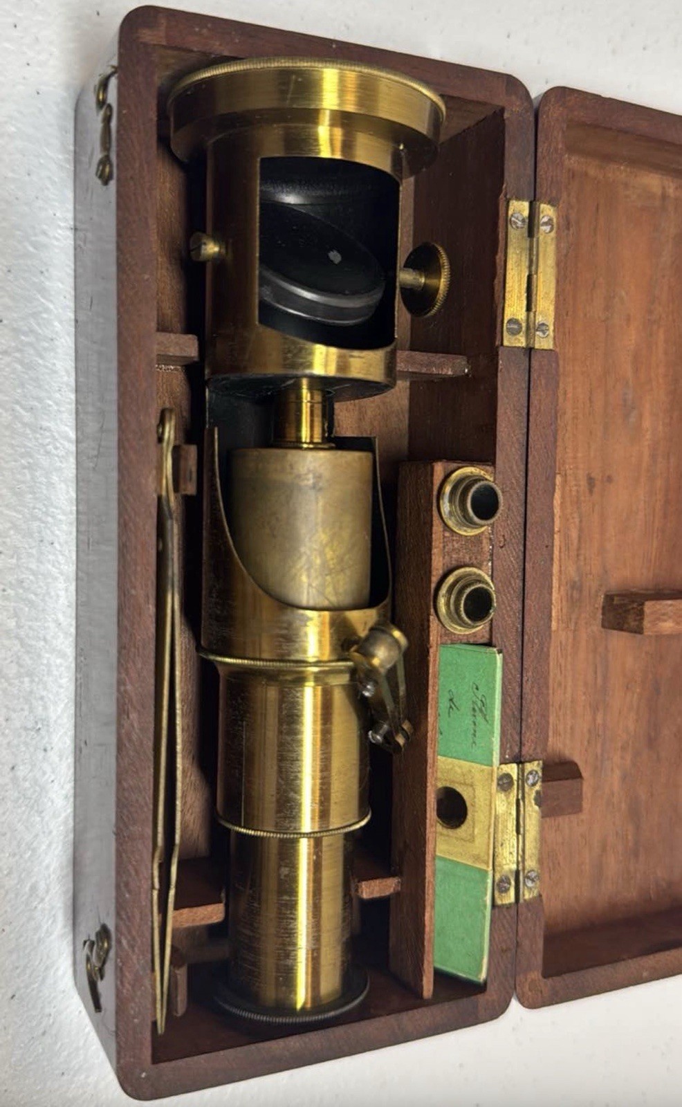 Antique Brass Field Drum Microscope With Original Box, Slides