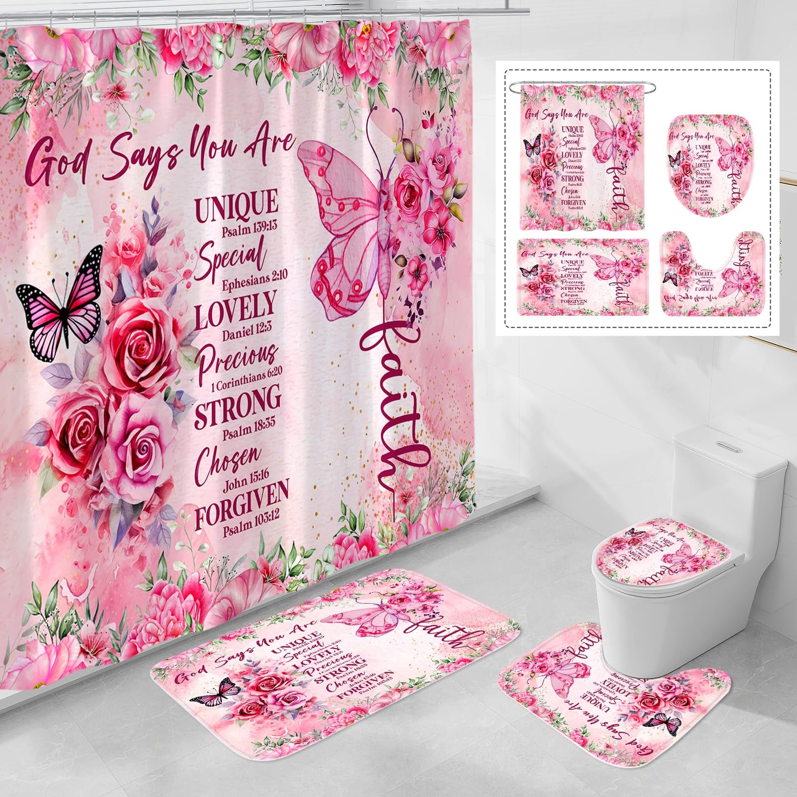 4 Pcs Pink Butterfly Inspirational Quotes Shower Curtain Set with Rugs and Toile
