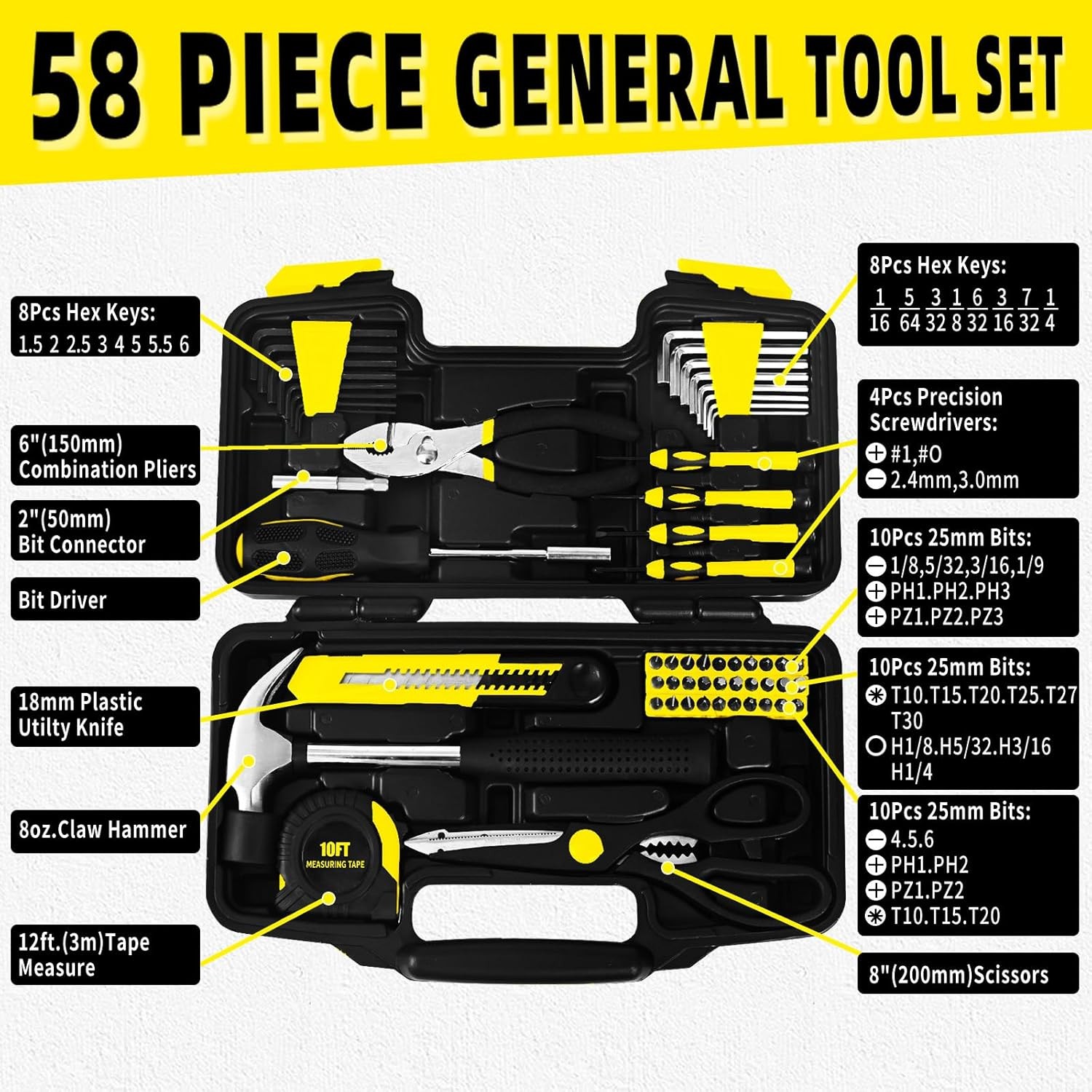 58-Piece Yellow Home Tool Kit Basic Hand Tools Mini Toolbox for Repairs
