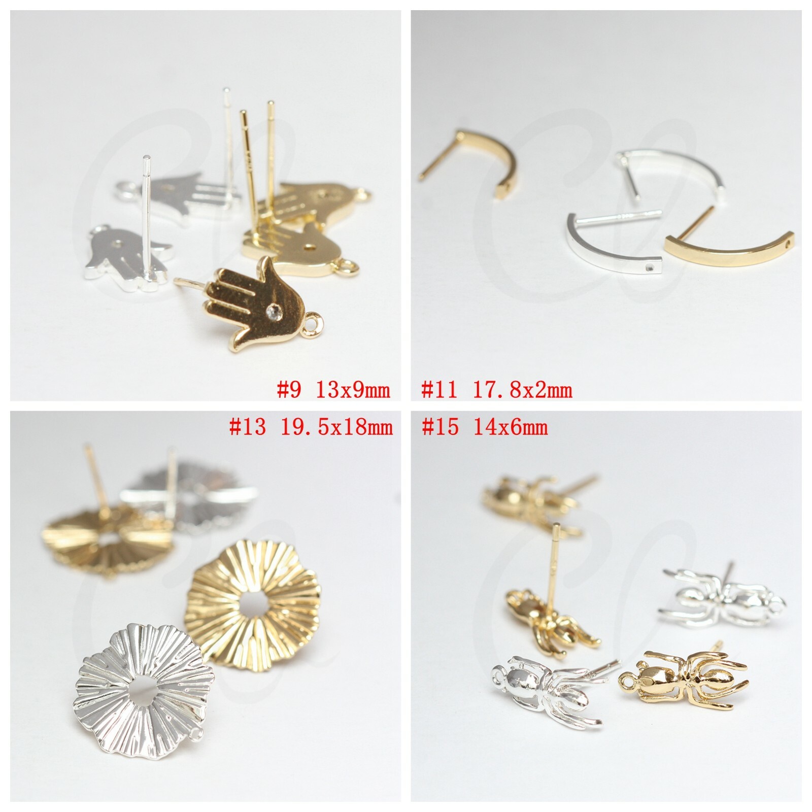 One Pair Premium Plated Brass Earring Post with Sterling Silver Pin (4529C)