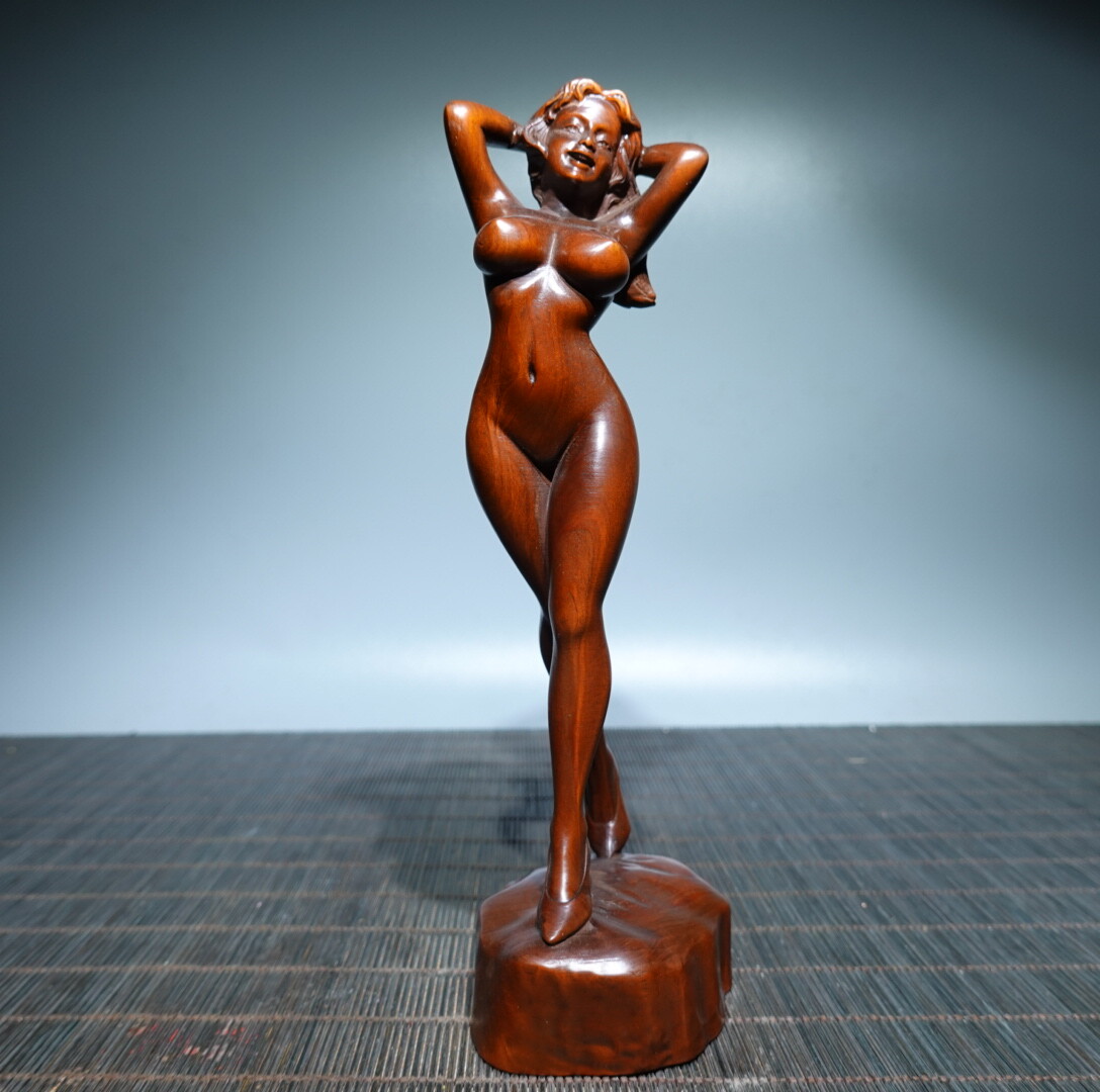 Chinese Boxwood Wood Carving Sexy Beautiful Woman Statue Wooden Sculpture Decor